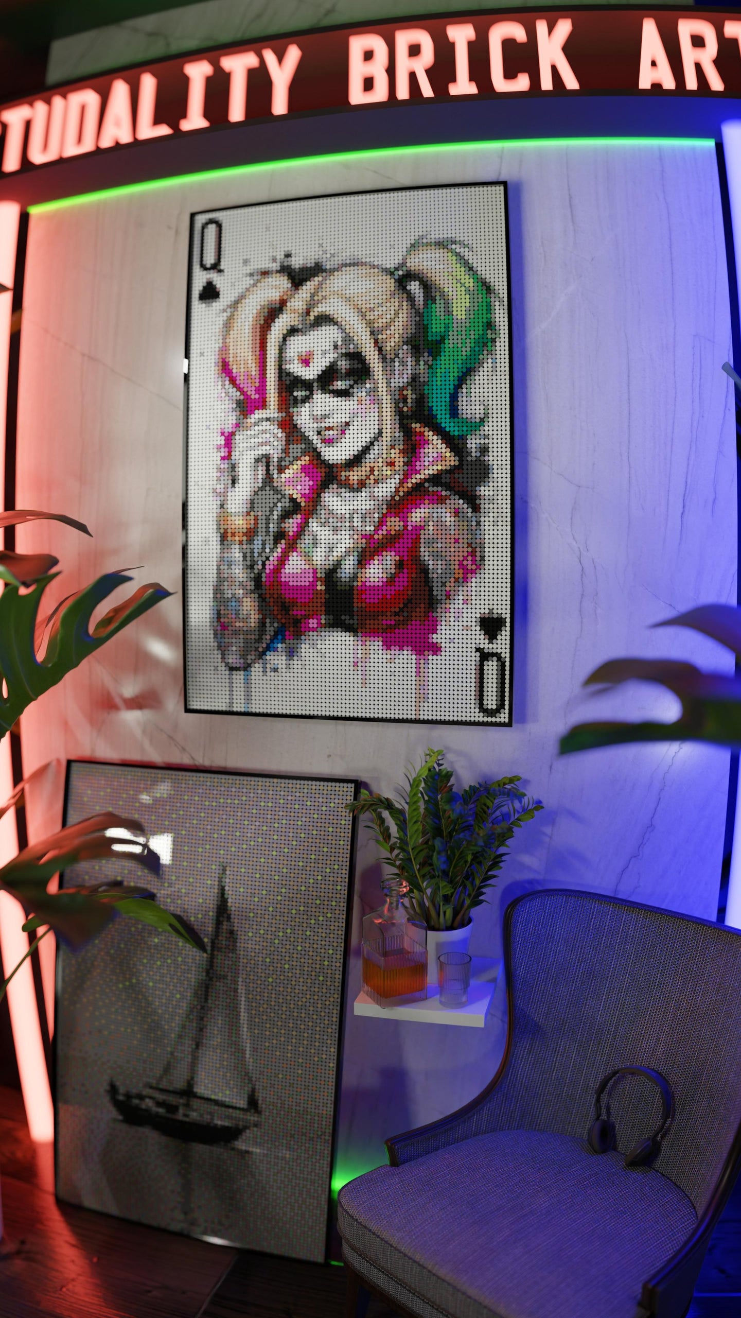 Harley Quinn DC Joker LEGO® Style mosaic wall art made from colorful plastic bricks